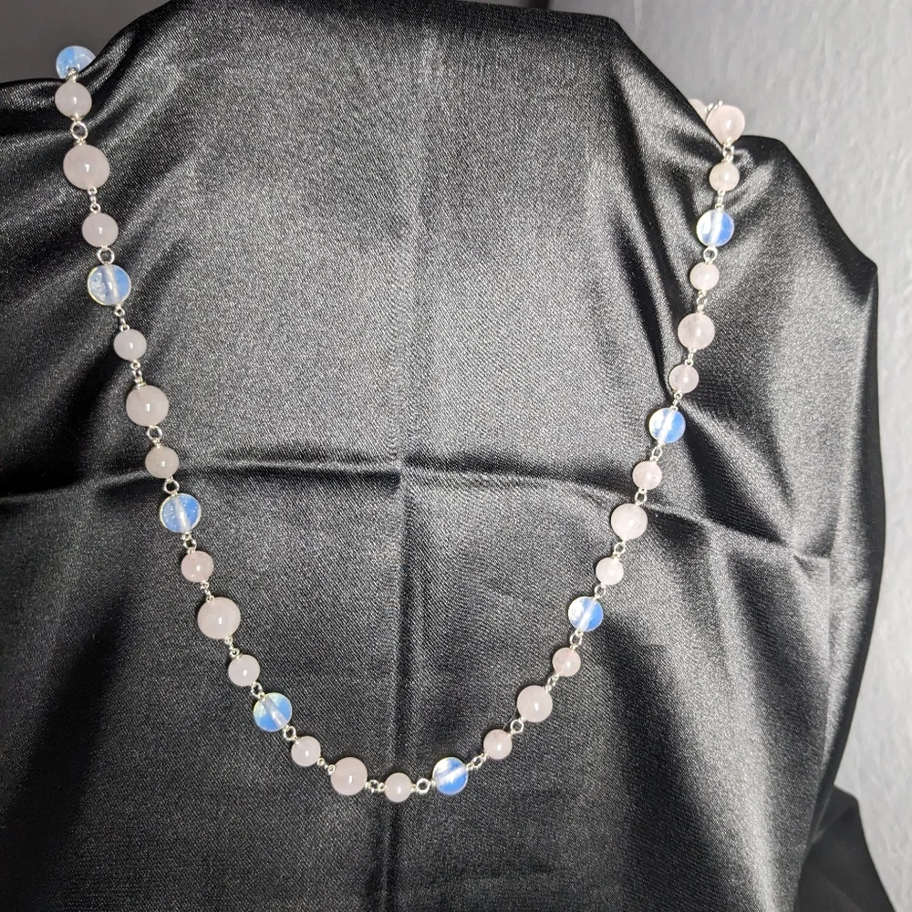 Moonstone Rose Quartz Crystal Necklace Handmade Artisan Silver Unique Natural - Picture 6 of 10